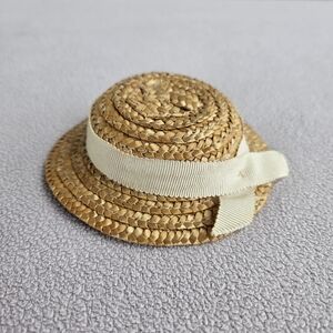 VTG Doll Straw Hat Beige with White Ribbon 4 6/16"
